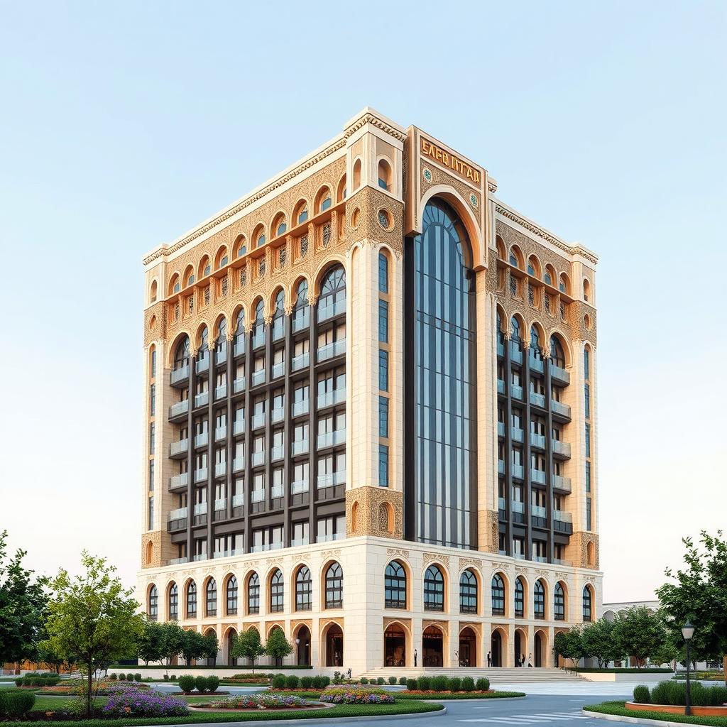 A striking 20-story building that exhibits a fusion of Iranian architectural elements from the Qajar era with modern design aesthetics