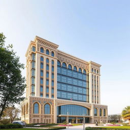 A striking 20-story building that exhibits a fusion of Iranian architectural elements from the Qajar era with modern design aesthetics