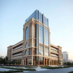 A striking 20-story building that exhibits a fusion of Iranian architectural elements from the Qajar era with modern design aesthetics