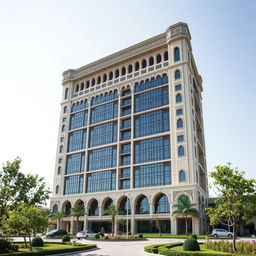 A striking 20-story building that exhibits a fusion of Iranian architectural elements from the Qajar era with modern design aesthetics