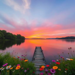 A serene landscape showcasing a vibrant sunset over a calm lake, reflecting hues of orange, pink, and purple in the water