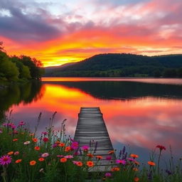 A serene landscape showcasing a vibrant sunset over a calm lake, reflecting hues of orange, pink, and purple in the water