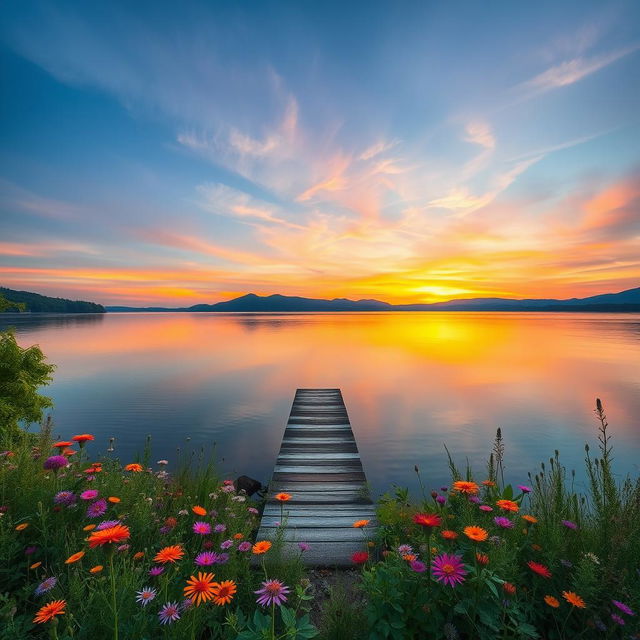 A serene landscape showcasing a vibrant sunset over a calm lake, reflecting hues of orange, pink, and purple in the water