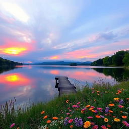 A serene landscape showcasing a vibrant sunset over a calm lake, reflecting hues of orange, pink, and purple in the water