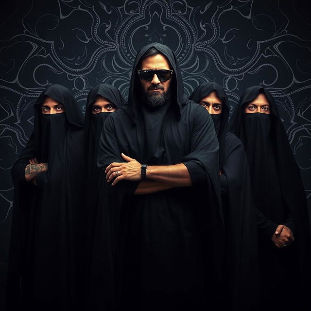 A full body portrait of an Indian death metal band, featuring four members all dressed in black shrouds that cover their bodies