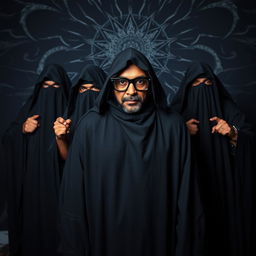 A full body portrait of an Indian death metal band, featuring four members all dressed in black shrouds that cover their bodies