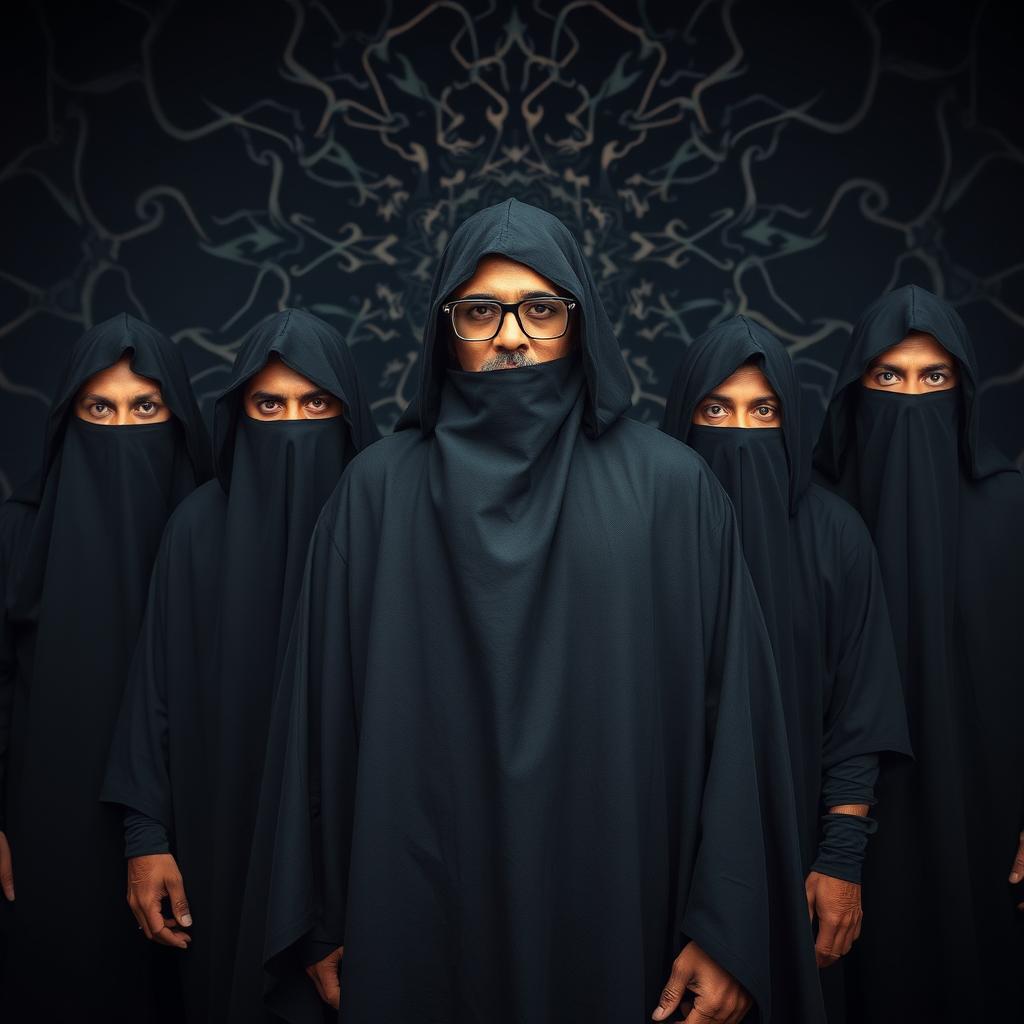 A full body portrait of an Indian death metal band, featuring four members all dressed in black shrouds that cover their bodies