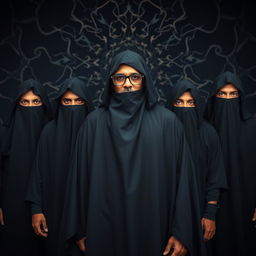 A full body portrait of an Indian death metal band, featuring four members all dressed in black shrouds that cover their bodies