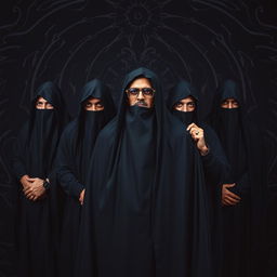 A full body portrait of an Indian death metal band, featuring four members all dressed in black shrouds that cover their bodies