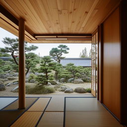 A Japanese concept house, featuring harmonious minimalist design, natural materials, and zen garden.