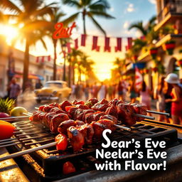 A vibrant and colorful advertisement promoting a grilled meat service for December 31st in Cuba
