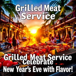 A vibrant and colorful advertisement promoting a grilled meat service for December 31st in Cuba