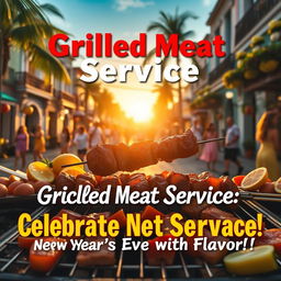 A vibrant and colorful advertisement promoting a grilled meat service for December 31st in Cuba