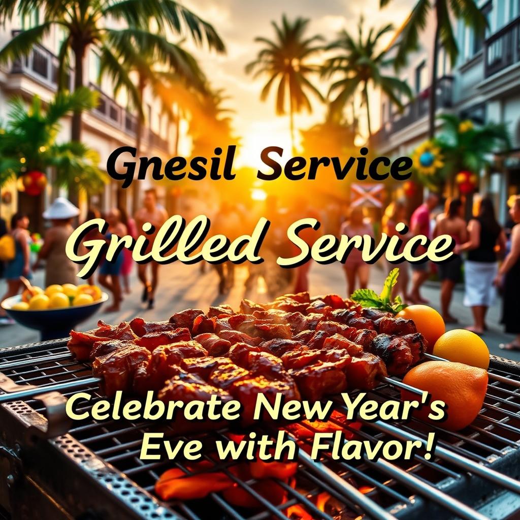 A vibrant and colorful advertisement promoting a grilled meat service for December 31st in Cuba