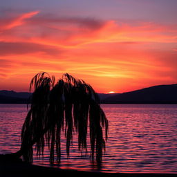 A serene landscape depicting a tranquil sunset over a calm lake