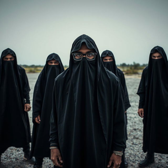 A full body portrait of an Indian deathcore band, featuring four members dressed in black shrouds that cover their faces completely