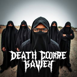 A full body portrait of an Indian deathcore band, featuring four members dressed in black shrouds that cover their faces completely