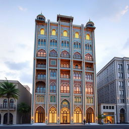 A tall and innovative 20-story building inspired by Safavid architecture and the Ali Qapu Palace in Isfahan