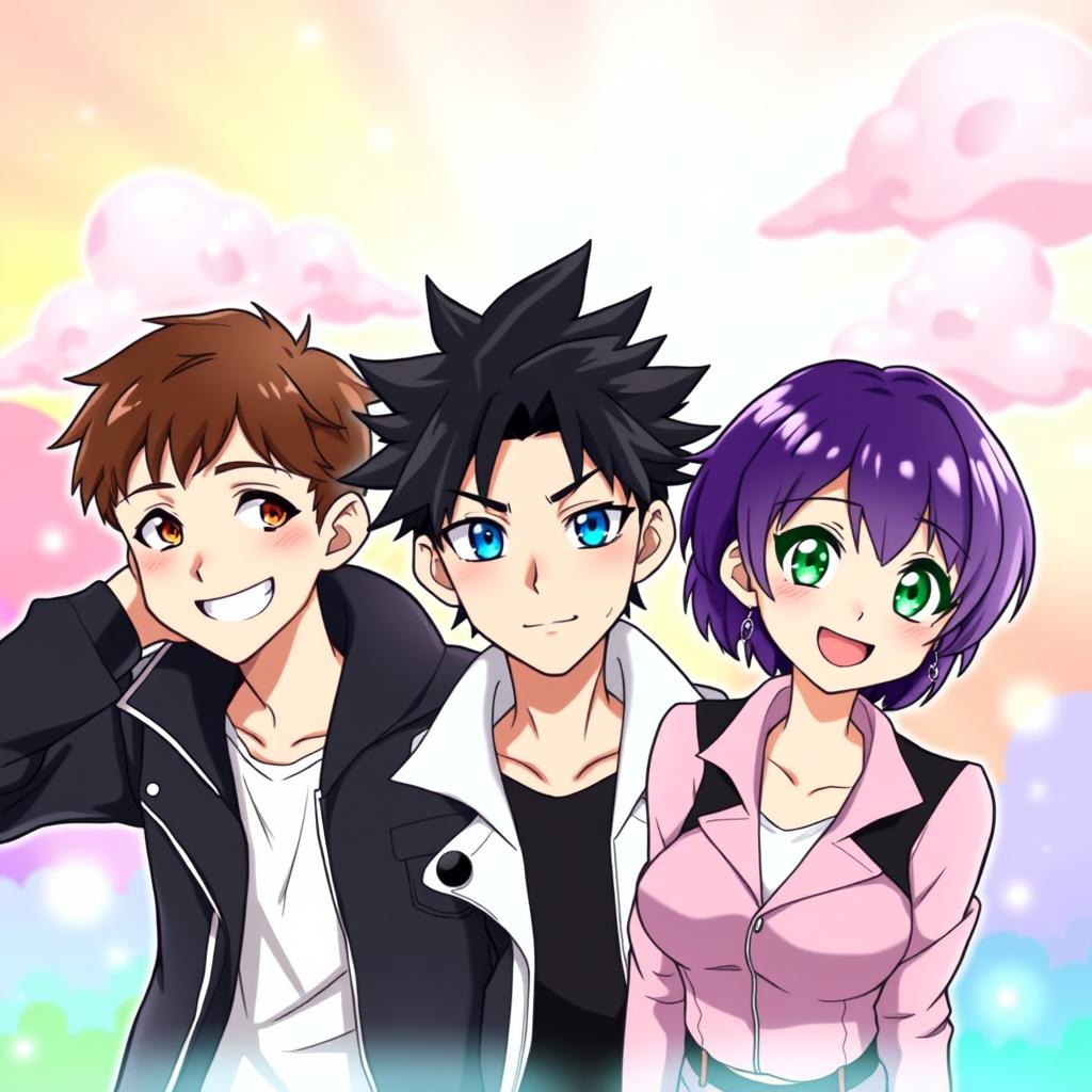 A vibrant anime-style illustration featuring three characters: a man with short brown hair and brown eyes, smiling warmly; a man with black spiky hair and striking blue eyes, looking serious; and a woman with short purple hair and bright green eyes, also smiling cheerfully