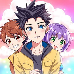 A vibrant anime-style illustration featuring three characters: a man with short brown hair and brown eyes, smiling warmly; a man with black spiky hair and striking blue eyes, looking serious; and a woman with short purple hair and bright green eyes, also smiling cheerfully