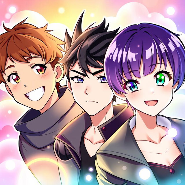 A vibrant anime-style illustration featuring three characters: a man with short brown hair and brown eyes, smiling warmly; a man with black spiky hair and striking blue eyes, looking serious; and a woman with short purple hair and bright green eyes, also smiling cheerfully