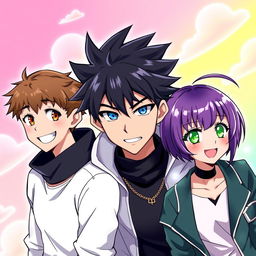 A vibrant anime-style illustration featuring three characters: a man with short brown hair and brown eyes, smiling warmly; a man with black spiky hair and striking blue eyes, looking serious; and a woman with short purple hair and bright green eyes, also smiling cheerfully