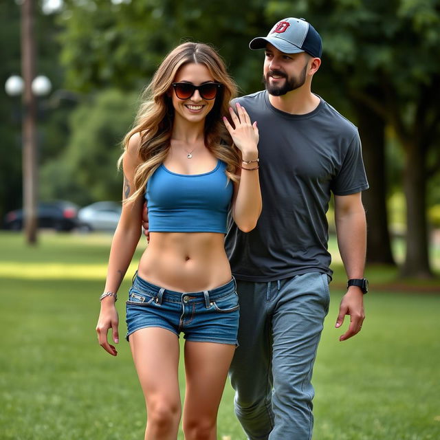 A flirty 29-year-old stripper with light brown, long thick wavy hair, wearing a small tight thin blue tank top that shows her midriff and tight low-rise denim shorts