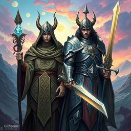 Twin githzerai characters, one a cleric and the other a paladin, standing together in a mystical landscape