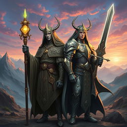 Twin githzerai characters, one a cleric and the other a paladin, standing together in a mystical landscape