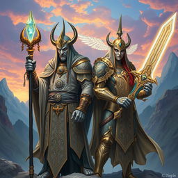 Twin githzerai characters, one a cleric and the other a paladin, standing together in a mystical landscape