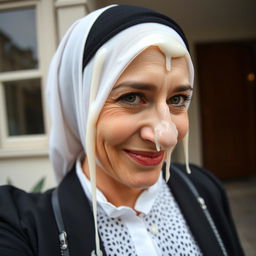 A medium shot from the side view of a beautiful Orthodox Jewish woman, captured as if from an amateur home video or cellphone recording