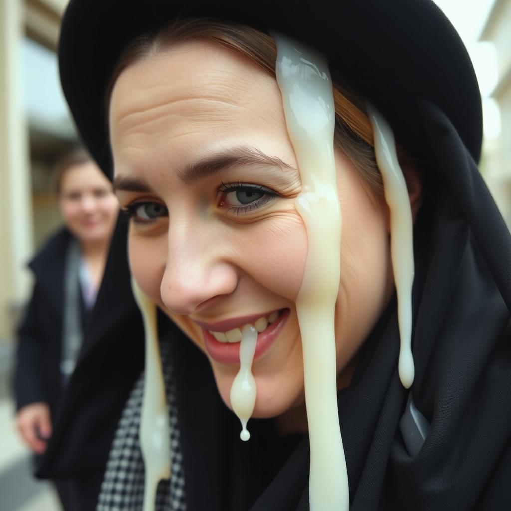 A medium shot from the side view of a beautiful Orthodox Jewish woman, captured as if from an amateur home video or cellphone recording