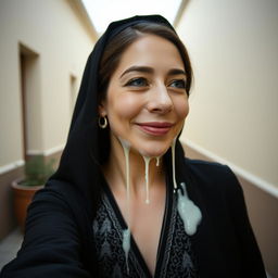 A medium shot from the side view of a beautiful Orthodox Jewish woman, captured as if from an amateur home video or cellphone recording