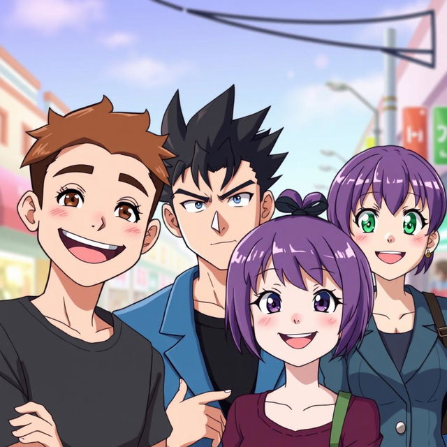 A cheerful scene featuring three characters in anime style: a man with short brown hair and brown eyes, smiling warmly; a serious man with black spiky hair and striking blue eyes, giving a stern yet intriguing expression; and a smiling woman with short purple hair and vibrant green eyes, exuding a friendly demeanor