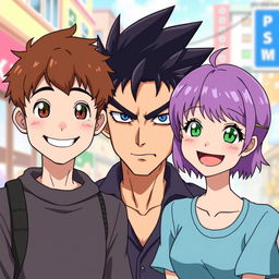 A cheerful scene featuring three characters in anime style: a man with short brown hair and brown eyes, smiling warmly; a serious man with black spiky hair and striking blue eyes, giving a stern yet intriguing expression; and a smiling woman with short purple hair and vibrant green eyes, exuding a friendly demeanor