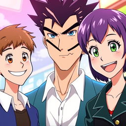 A cheerful scene featuring three characters in anime style: a man with short brown hair and brown eyes, smiling warmly; a serious man with black spiky hair and striking blue eyes, giving a stern yet intriguing expression; and a smiling woman with short purple hair and vibrant green eyes, exuding a friendly demeanor