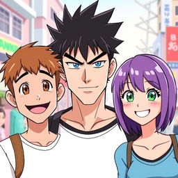 A cheerful scene featuring three characters in anime style: a man with short brown hair and brown eyes, smiling warmly; a serious man with black spiky hair and striking blue eyes, giving a stern yet intriguing expression; and a smiling woman with short purple hair and vibrant green eyes, exuding a friendly demeanor
