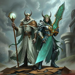 Twin gith characters, one as a cleric and the other as a paladin, poised in a dynamic stance within a fantastical setting
