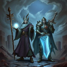 Twin gith characters, one as a cleric and the other as a paladin, poised in a dynamic stance within a fantastical setting
