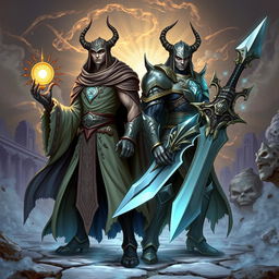 Twin gith characters, one as a cleric and the other as a paladin, poised in a dynamic stance within a fantastical setting
