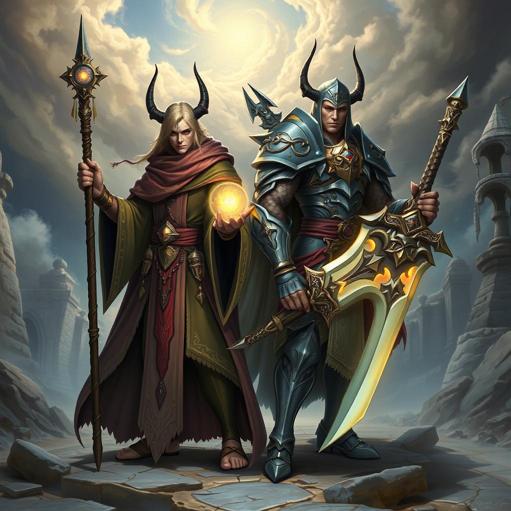 Twin gith characters, one as a cleric and the other as a paladin, poised in a dynamic stance within a fantastical setting