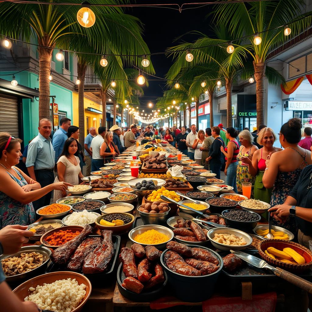 A vibrant scene of a traditional Cuban street market, showcasing a festive atmosphere for New Year's Eve