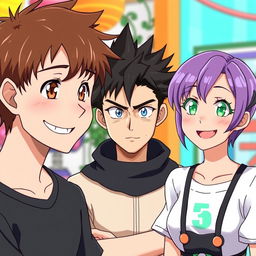 A cheerful scene featuring three characters in anime style: a man with short brown hair and brown eyes, smiling warmly; a serious man with black spiky hair and striking blue eyes, displaying a thoughtful expression; and a smiling woman with short purple hair and captivating green eyes, radiating positivity