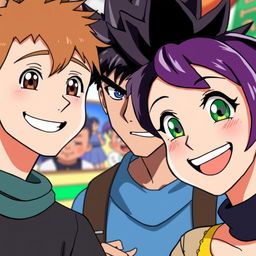 A cheerful scene featuring three characters in anime style: a man with short brown hair and brown eyes, smiling warmly; a serious man with black spiky hair and striking blue eyes, displaying a thoughtful expression; and a smiling woman with short purple hair and captivating green eyes, radiating positivity