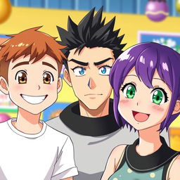 A cheerful scene featuring three characters in anime style: a man with short brown hair and brown eyes, smiling warmly; a serious man with black spiky hair and striking blue eyes, displaying a thoughtful expression; and a smiling woman with short purple hair and captivating green eyes, radiating positivity