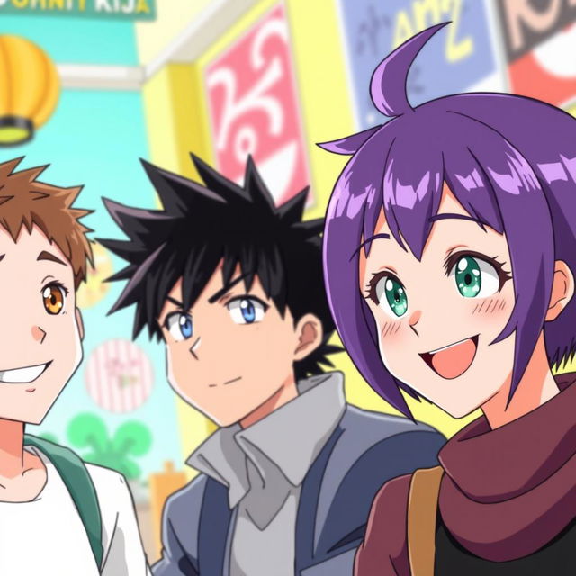 A cheerful scene featuring three characters in anime style: a man with short brown hair and brown eyes, smiling warmly; a serious man with black spiky hair and striking blue eyes, displaying a thoughtful expression; and a smiling woman with short purple hair and captivating green eyes, radiating positivity