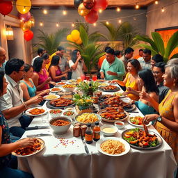 A vibrant celebration scene depicting a traditional Cuban carne asada for New Year's Eve