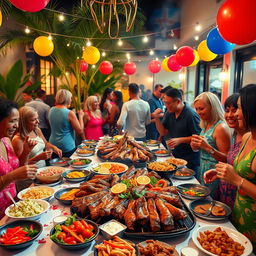 A vibrant celebration scene depicting a traditional Cuban carne asada for New Year's Eve