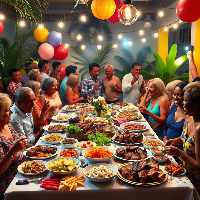 A vibrant celebration scene depicting a traditional Cuban carne asada for New Year's Eve