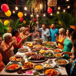 A vibrant celebration scene depicting a traditional Cuban carne asada for New Year's Eve